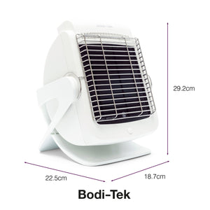 The Infrared Heat Lamp by Bodi-Tek, shown angled on a stand, features a white body with a black front grill. Measuring 29.2cm tall, 22.5cm deep, and 18.7cm wide, it’s designed to promote blood circulation. The “Bodi-Tek” logo is visible below.