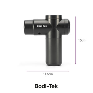 The Hot & Cold Deep Tissue Massager Gun by Bodi-Tek is shown upright with labeled dimensions: 16 cm tall and 14.5 cm wide. The Bodi-Tek brand name is printed on the side, making it ideal for muscle recovery.