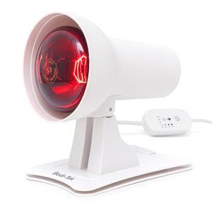 The Beurer Infrared Heat Lamp features a white stand, red shatterproof bulb, power switch, and settings control on the cord. Plug it in for targeted muscle and joint relief.
