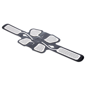 The Abs and Oblique Trainer Pro is a black and white flexible electronic pad with multiple rectangular and square electrodes, designed to be worn on the body for effective core ab muscle stimulation or therapy.