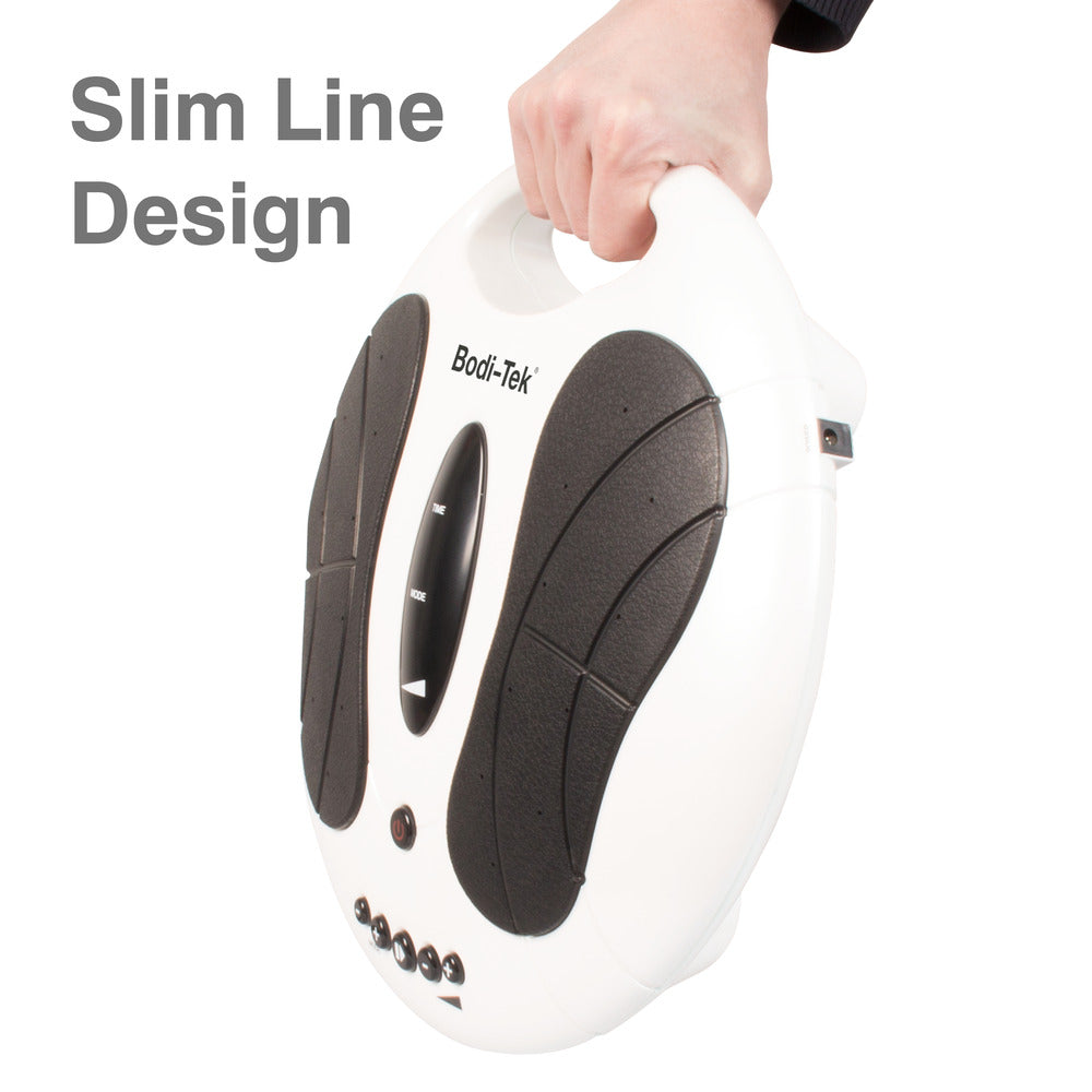 A hand holds a white, oval Circulation Plus Active Lower Leg & Foot Exerciser (2025) with black foot pads and control buttons. Gray text on the left reads Slim Line Design, highlighting its use for lower leg exercise and muscle stimulation.