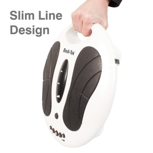 A hand holds a white, oval Circulation Plus Active Lower Leg & Foot Exerciser (2025) with black foot pads and control buttons. Gray text on the left reads Slim Line Design, highlighting its use for lower leg exercise and muscle stimulation.