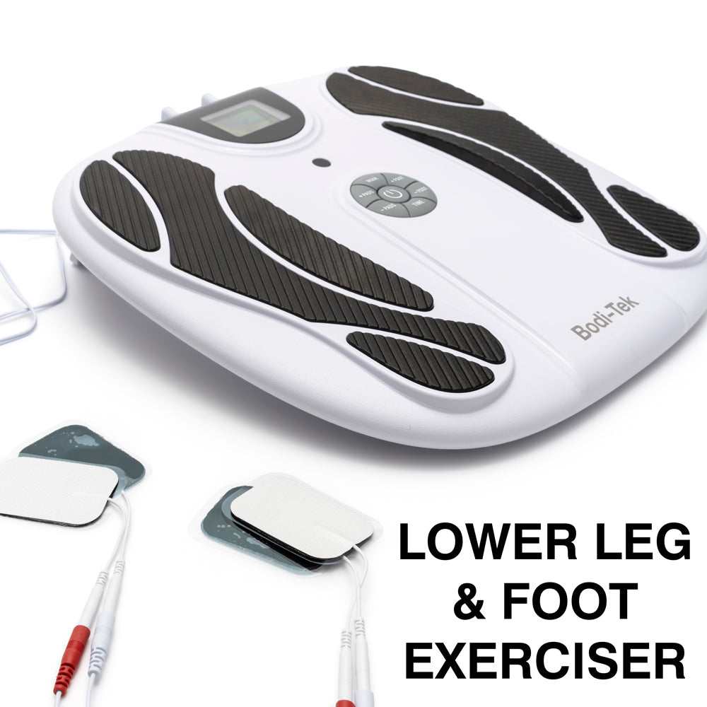 The Circulation Plus Revive Pro is a white lower leg and foot exerciser with black footpads, control buttons, and two wired electrode pads—an effective EMS muscle stimulator. Text reads LOWER LEG & FOOT EXERCISER.