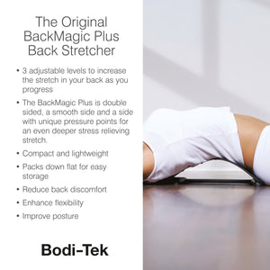 A promotional graphic for the Back Magic Plus back stretcher, detailing its key features, including 3 adjustable levels, double-sided design, and acupressure nodes. The text highlights its compact size, ability to reduce back discomfort, enhance flexibility, and improve posture.