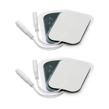 Two pairs of Reviber Premium Electrode Gel Pads with attached white wires and connectors, featuring a white textured surface and gray adhesive side, ideal for TENS or EMS therapy as an effective circulation booster.