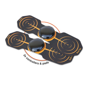 Two black Arm & Body Toner pads with circular gold patterns, each with a raised central controller. Text reads 2x controllers & pads on white background; perfect for muscle conditioning.