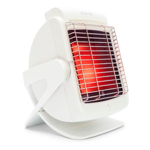 The Infrared Heat Lamp is a modern white heater with a glowing red infrared element behind a metal safety grill, mounted on a stand and angled slightly to the left.