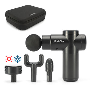 The Hot & Cold Deep Tissue Massager Gun in black comes with four interchangeable heads and a matching carrying case—perfect for muscle recovery.