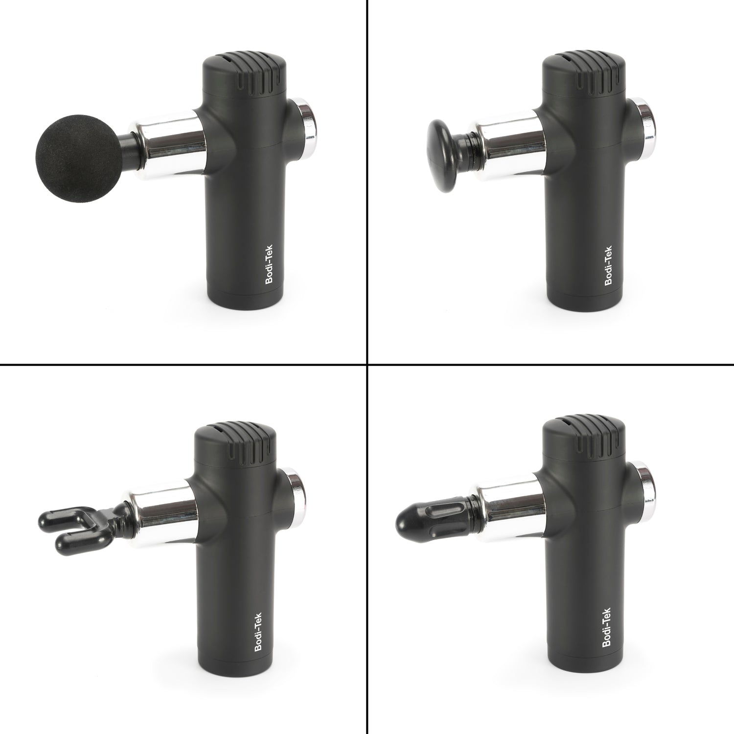 Four-panel image showing the Mini Deep Tissue Massage Gun in black with four attachments: round ball, flat disc, forked prong, and bullet tip. Each labeled “Body Back”—ideal for deep tissue relief.