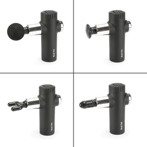 Four-panel image showing the Mini Deep Tissue Massage Gun in black with four attachments: round ball, flat disc, forked prong, and bullet tip. Each labeled “Body Back”—ideal for deep tissue relief.