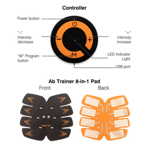 Diagram of the Ab Trainer shows a round controller with labeled buttons and USB port, plus front and back views of the 8-in-1 EMS abdominal muscle pad featuring multiple electrode areas and Bodi-Tek branding.
