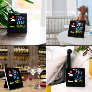 The Digital Weather Station, which displays indoor/outdoor temperature, humidity, time, and forecast, is featured in a living room, nursery, dining table setting, and next to a plant.