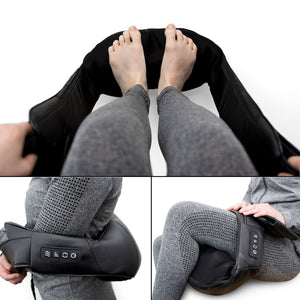 A person uses a black Neck & Shoulder Shiatsu Massager with deep kneading on their feet, thighs, and knees while wearing gray clothing. Close-ups showcase the control panel and different usage positions.