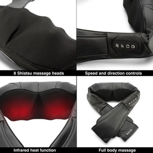 The Neck & Shoulder Shiatsu Massager, in black, features 8 deep kneading heads, infrared heat, speed and direction controls, and delivers a full body massage. Product shown in four sections to highlight its key functions.
