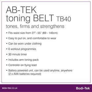 Product information sheet for the Ab & Arm Unisex Toning Belt, offering adjustable fit, comfort, six workout modes, 30-minute timer, portable battery pack, arm belt included, and easy controls. Designed for both men and women.