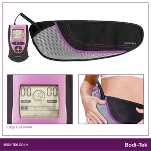 The Ab Toning, Exercising & Firming Belt features a pink and black control unit, a matching wrap belt, an LCD screen using EMS technology, and is shown worn around the waist. The brand name appears in the corner.
