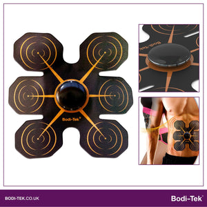 A black and orange Ab Core Trainer is shown, with smaller images displaying its use on the abdomen and highlighting EMS technology for effective muscle toning. The device features Ab Core Trainer branding in its design.