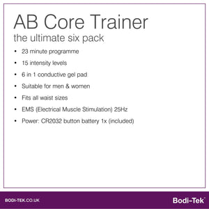 The Ab Core Trainer features a 23-minute EMS program, 15 intensity levels, fits all waist sizes, targets abs, and includes a CR2032 battery.
