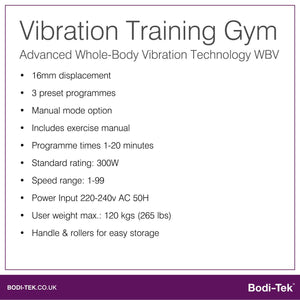 Features of the Whole Body Vibration Plate Training Gym: 16mm displacement, 3 preset programs, manual mode, exercise guide, adjustable time, 300W power, speed levels 1-99, and supports up to 120kg.