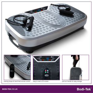The Whole Body Vibration Plate Training Gym features resistance bands, an LCD display, a remote control, and a pull-out handle. Insets show the remote, display, and the machine being rolled away for storage.