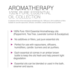 A promotional image for the Rio Aromatherapy 100% Essential Oil Collection, featuring pure essential oils with no additives, ideal for diffusers, bath, and sauna use, all protected in amber bottles for optimal freshness.