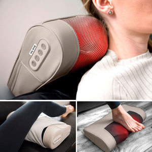 A woman uses the Bodi-Tek Nordic Relief Shiatsu Massager, shown in beige and red, on her neck; other images display deep tissue massage to the calf and foot. The device features control buttons, a mesh cover, and visible red light.