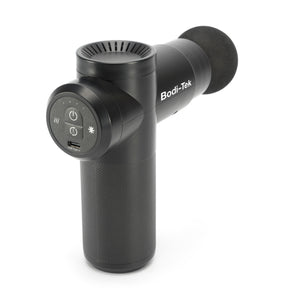 A black Hot & Cold Deep Tissue Massager Gun with a round head, control buttons, and textured grip handle, designed to boost muscle recovery, shown against a white background.