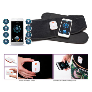 The Smart Fitness EMS Muscle Toning Belt is shown with a smartphone app interface. Smaller images display the device charging, attached to clothing, and in use on a waist. Icons indicate its various functions.