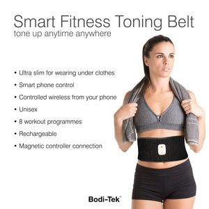 A woman wears the black Smart Fitness EMS Muscle Toning Belt on her waist, holding a towel. Text highlights ultra slim, wireless, smartphone control, unisex design, 8 programs, rechargeable battery, and magnetic controller for firm abs.