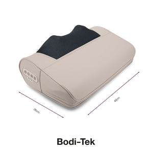 A beige and black Bodi-Tek Nordic Relief Shiatsu Massager pillow, 26 cm wide by 40 cm long with side control buttons, is shown at an angle on a white background.