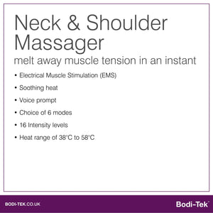 Promotional image for the Neck & Shoulder Massager, featuring electrical muscle stimulation, soothing heat (38°C–58°C), voice prompt, 6 modes, 16 intensity levels. Bodi-Tek branding at the bottom.
