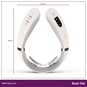 The Neck & Shoulder Massager is a white, U-shaped device with control buttons, digital display, and soothing heat. Measuring 134mm wide by 166mm tall, it features Bodi-Tek branding at the bottom.
