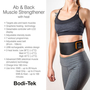 A woman wears the Ab & Back Muscle Strengthener with heat, featuring a digital display, adjustable size, heat and EMS muscle stimulator technology, and USB rechargeability—all shown against a plain background.