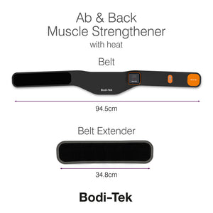 The Ab & Back Muscle Strengthener with heat by Bodi-Tek features EMS muscle stimulation, a digital display with buttons, and measures 94.5cm. A separate 34.8cm belt extender is also shown. Heat function and product name are highlighted in the text.