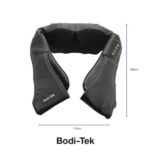 The black Neck & Shoulder Shiatsu Massager features deep kneading action and control buttons on one side, measures 115 cm wide by 38 cm long, and is shown on a white background.