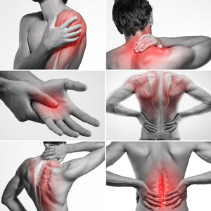 A collage of six images shows a man highlighting pain in his shoulder, neck, hand, and back—perfect for promoting the Deep Tissue Cordless Percussion Massager as a solution for muscle stiffness and discomfort.