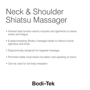 Promotional image for the Neck & Shoulder Shiatsu Massager features 8 deep-kneading heads, infrared heat, ergonomic design, and promotes relaxation, improved circulation, and toxin removal for full body comfort.