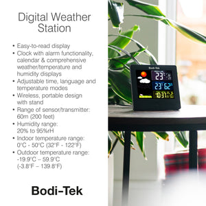 A Digital Weather Station sits on a table next to a plant. Its screen shows time, weather icons, temperature, and humidity. Text highlights features such as an alarm clock and indoor/outdoor temperature ranges.