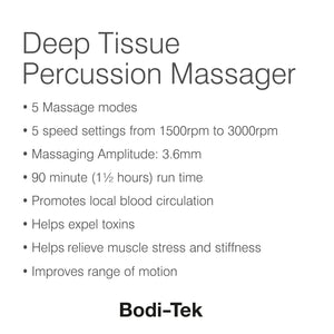 The Deep Tissue Cordless Percussion Massager features 5 massage modes, 5 speeds up to 3000rpm, a 3.6mm amplitude, a 90-minute runtime, and helps relieve muscle stiffness.