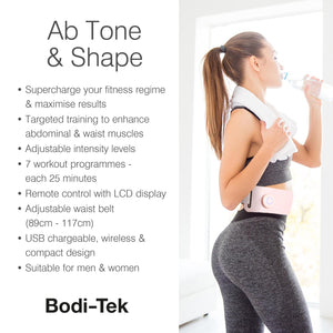 A woman in workout attire drinks water and wears the Ab, Tone & Shape belt. Text highlights its adjustable levels, remote control, muscle stimulation, and suitability for both men and women.
