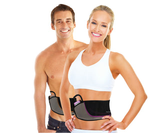 A fit man and woman showcase their abs while wearing the Ab Toning, Exercising & Firming Belt against a white background; she wears a white sports bra, he is shirtless—both look healthy and toned.