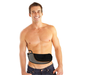 Shirtless man stands against a white background, showcasing his strong abs while wearing the Ab Toning, Exercising & Firming Belt around his waist.