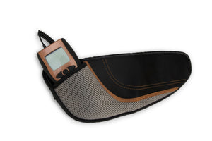 The Ab Toning, Exercising & Firming Belt is a black and gray mesh heating pad with brown trim and a digital controller, ideal for soothing abdominal muscles. Isolated on a white background.
