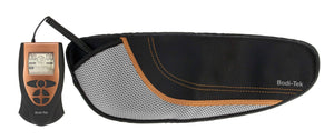 The Ab Toning, Exercising & Firming Belt with EMS technology and a digital control unit is displayed on a white background. It features a black and gray fabric pad with orange stitching.