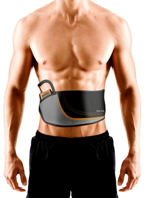 A fit, shirtless man wears black athletic shorts and the Ab Toning, Exercising & Firming Belt with gold accents, standing against a white background.
