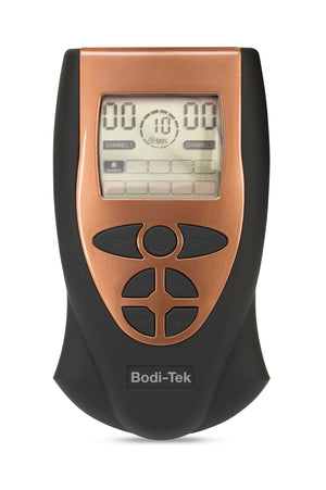The Ab Toning, Exercising & Firming Belt is a black and copper handheld device labeled Bodi-Tek, with a digital display and multiple buttons, designed to control EMS technology for abdominal muscle stimulation.