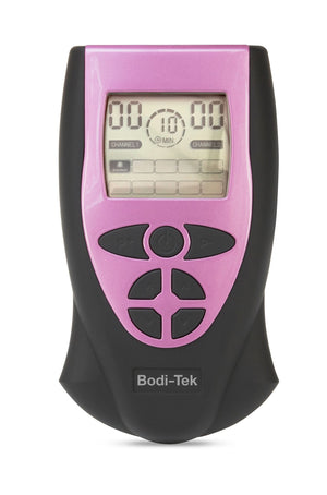 The Ab Toning, Exercising & Firming Belt features a pink and black design, LCD screen with numbers and icons, multiple black control buttons, and uses EMS technology to target abdominal muscles.