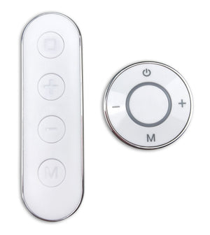 Two white remotes with silver edges—made for the Circulation Plus Boost & Revive Mat; one is rectangular with four buttons, the other is round, both designed for easy muscle stimulator use.