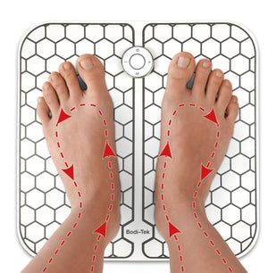 Top view of bare feet on a white Circulation Plus Boost & Revive Mat, with red arrows on the feet showing the massage or muscle stimulator action moving along the foot towards the ankle.