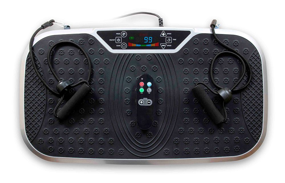The Whole Body Vibration Plate Training Gym is a black exercise machine featuring a textured surface, digital display, center remote control, and two resistance bands—perfect for full-body vibration training to boost your fitness.